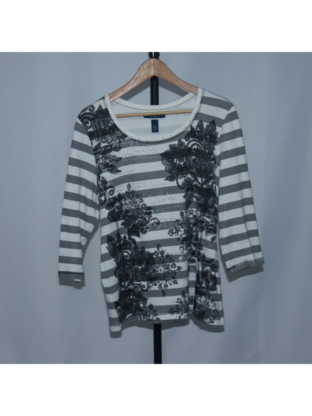 Karen Scott Sport Womens Striped Graphic T-Shirt White Sequin Embroidery Size L